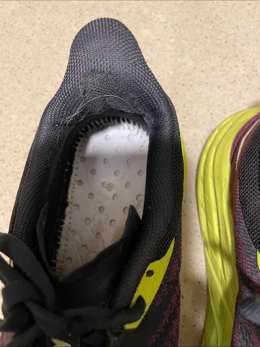 Hoka Black, purple, yellow Running Shoes. One insole missing. - Picture 3 of 6